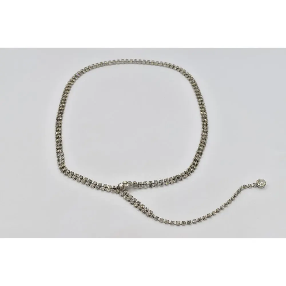 Vintage Prong Rhinestone Crystal Belt Silver Double Row Bridal Evening Glamour